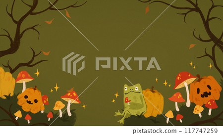 Magic day. Frog lounges among glowing pumpkins and mushrooms, embracing eerie calm of Halloween forest. Wallpaper. Copy space. 117747259