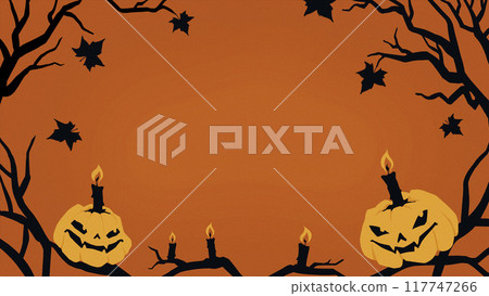 Carved pumpkins light up night with flickering candles, casting shadows on twisted Halloween trees. Wallpaper. Copy space. 117747266