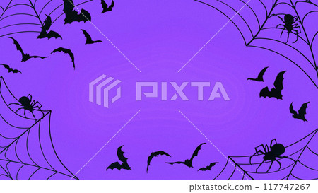 Bats and spiders swirl on purple background, creating haunting Halloween scene framed by cobwebs and moonlight. Wallpaper. 117747267