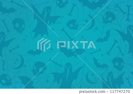 Cartoon art style. Wallpaper. Bats and ghosts flying against blue backdrop, filling Halloween sky with spooky wonders. 117747270