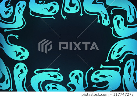 Drawn art style. Circle of friendly ghosts swirling around, bringing ethereal glow to Halloween night. 117747272