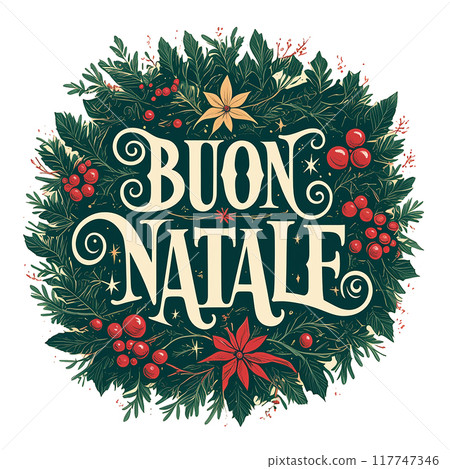 A colorful Christmas card with a wreath and a star in the center. The text reads "Buon Natale" in bold letters 117747346