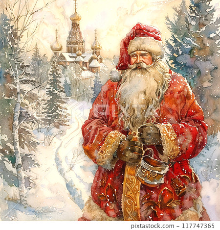 A painting of Santa Claus standing in the snow with a red coat and a white hat. The painting has a wintery and festive mood 117747365