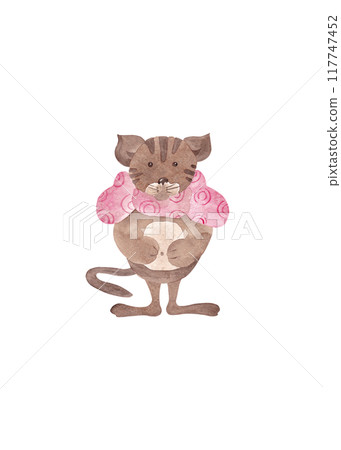 Hand drawn watercolor illustration. Watercolor print. Happy baby tiger. Brown animal with pink bow on neck. Elegant full body mammal for your design 117747452