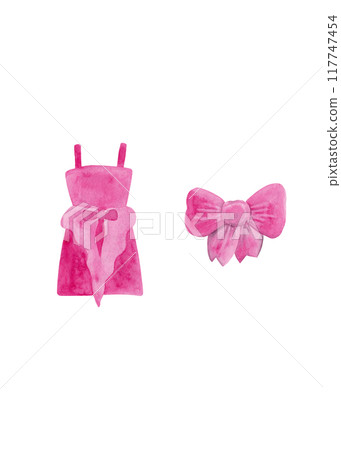 Modern outfit: pink dress with frills, big silk bow. Flat design illustration. Beautiful set. Luxury design style 117747454