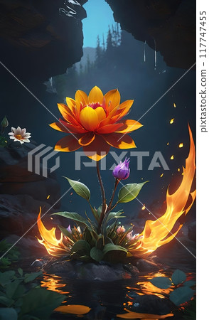the image of stylized fantastic flowers made of water and fire, resembling a mystical phoenix 117747455