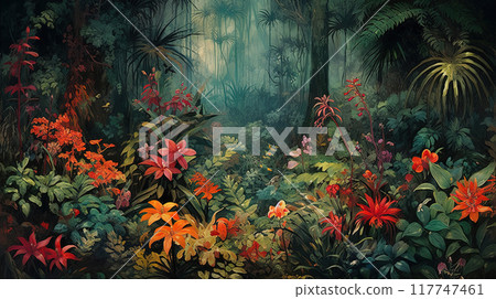 A vibrant tropical rainforest teeming with life. A towering palm tree, its fronds reaching towards the sun, dominates the center of the composition. Tropical Paradise 117747461