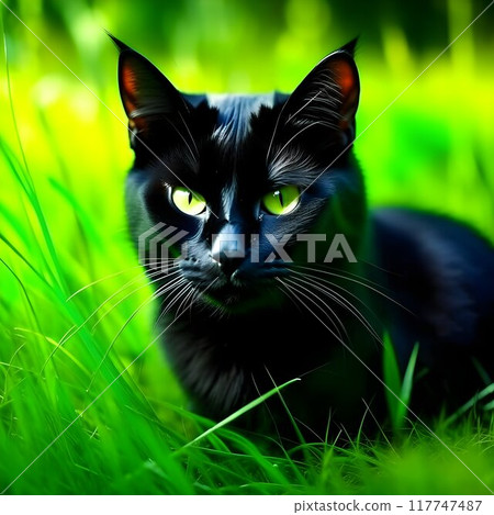 a black cat with yellow eyes sitting in the grass looking up at the camera 117747487