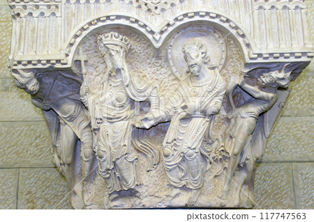 Capital called the Fides Ecclesia from the Crusader church in the Church of Saint Joseph in Nazareth, Israel 117747563
