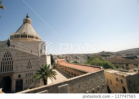 The Basilica of the Annunciation in Nazareth, Israel, stands on the site where the archangel Gabriel announced to Mary the forthcoming birth of Jesus 117747565