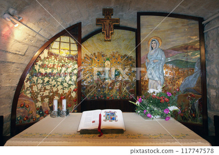 Altar in the chapel of the Casa Nova pilgrimage house in Nazareth, Israel 117747578