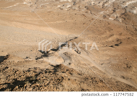 Picturesque mountain landscape of the Judea desert, view from Masada, Israel 117747582