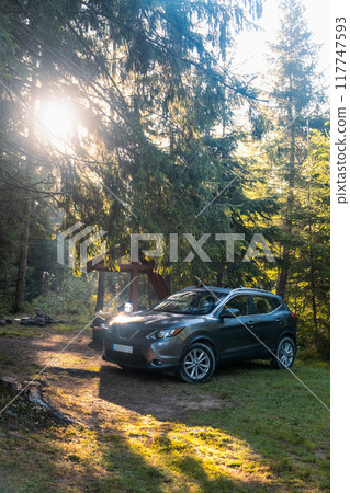 SUV in a Serene Forest Setting SUV in a Serene Forest Setting 117747593