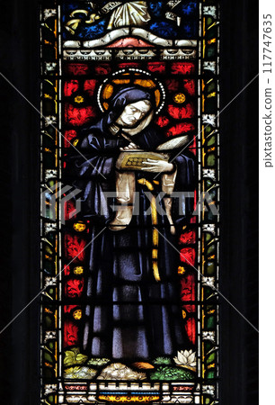 Saint Beda Venerabilis on the stained glass of All Saints' Anglican Church, Rome, Italy 117747635