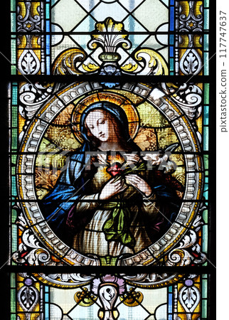 Immaculate heart of Mary, stained glass window in Cathedral of St Nicholas in Novo Mesto, Slovenia 117747637