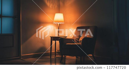A lamp and a chair in a slightly dimly lit room 117747720