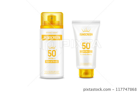 Sunscreen cream bottle and tube with yellow cap. 117747868