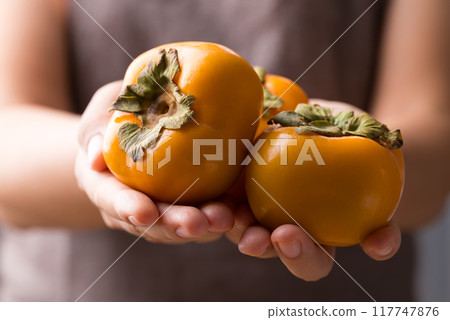 Ripe persimmon fruit holding by womand hand Ripe persimmon fruit holding by womand hand 117747876