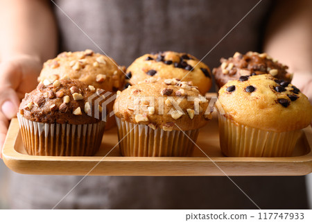 Chocolate almond muffin, Vanilla almond muffin and Vanilla chocolate chips muffin  117747933