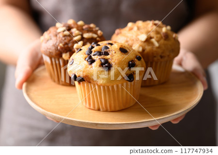 Vanilla chocolate chips muffin, Chocolate almond muffin and Vanilla almond muffin  117747934