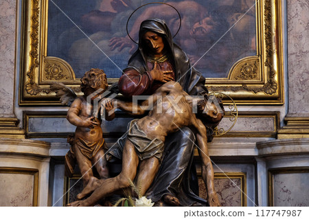 Our Lady of Sorrows, statue on the altar in the St Nicholas Cathedral in Ljubljana, Slovenia Our Lady of Sorrows, statue on the altar in the St Nicholas Cathedral in Ljubljana, Slovenia 117747987