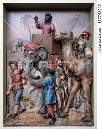 Nativity Scene, the coming of the Kings, altarpiece in the church of Saint Matthew in Stitar, Croatia  Nativity Scene, the coming of the Kings, altarpiece in the church of Saint Matthew in Stitar, Croatia  117748206