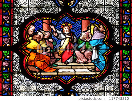 Jesus in the Temple, stained glass window in the Basilica of Saint Clotilde in Paris, France Jesus in the Temple, stained glass window in the Basilica of Saint Clotilde in Paris, France 117748210