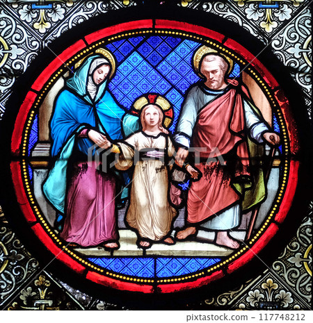 Holy Family, stained glass window in the Basilica of Saint Clotilde in Paris, France Holy Family, stained glass window in the Basilica of Saint Clotilde in Paris, France 117748212
