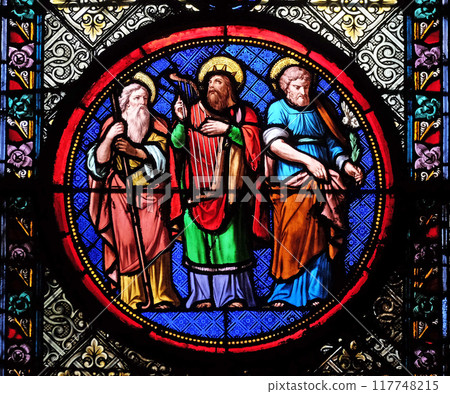 Abraham, David and Joseph, stained glass window in the Basilica of Saint Clotilde in Paris, France 117748215