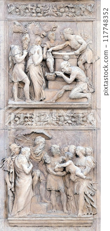 Stories of Rebecca up and Moses by Alfonso Lombardi, left door of San Petronio Basilica in Bologna, Italy 117748352