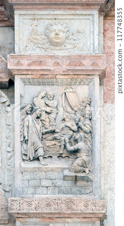 Jesus raised Lazarus by Casario, left door of San Petronio Basilica in Bologna, Italy 117748355