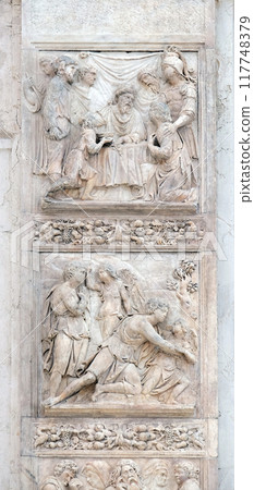 Jacob and the Angel by Niccolo Tribolo up and Benjamin brings the cup to Pharaoh by Francesco da Milano, left door of San Petronio Basilica in Bologna, Italy Jacob and the Angel by Niccolo Tribolo up and Benjamin brings the cup to Pharaoh by Francesco da Milano, left door of San Petronio Basilica in Bologna, Italy 117748379