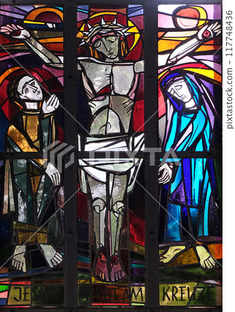 12th Stations of the Cross, Jesus dies on the cross, stained glass window in Saint Lawrence church in Kleinostheim, Germany 12th Stations of the Cross, Jesus dies on the cross, stained glass window in Saint Lawrence church in Kleinostheim, Germany 117748436