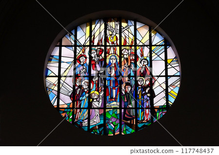Pentecost, stained glass window in the Saint Lawrence church in Kleinostheim, Germany Pentecost, stained glass window in the Saint Lawrence church in Kleinostheim, Germany 117748437