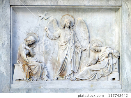 Joseph's dream on the Column of the Immaculate Conception on Piazza Mignanelli in Rome, Italy 117748442