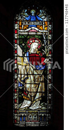 Saint Cecilia on the stained glass of All Saints' Anglican Church, Rome, Italy Saint Cecilia on the stained glass of All Saints' Anglican Church, Rome, Italy 117748448