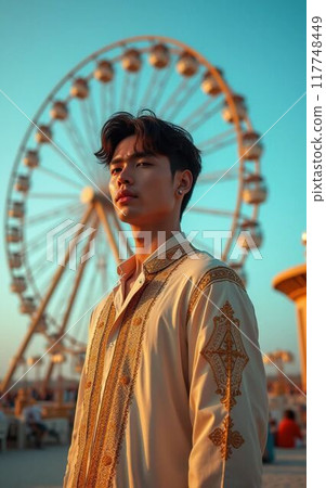 一名男子在摩天輪前等待 117748449