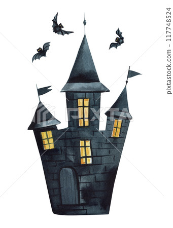 Silhouette scary house and bats watercolor. Mystical house with ghost for Halloween isolated Hand drawing spooky clipart Silhouette scary house and bats watercolor. Mystical house with ghost for Halloween isolated Hand drawing spooky clipart 117748524