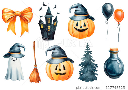 Halloween set watercolor. Witch's broom, air balloon, pumpkin, ghost and potion isolated Hand drawing spooky clipart Halloween set watercolor. Witch's broom, air balloon, pumpkin, ghost and potion isolated Hand drawing spooky clipart 117748525