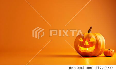 Evil curved pumpkin with candle inside on orange background with space for text Evil curved pumpkin with candle inside on orange background with space for text 117748558