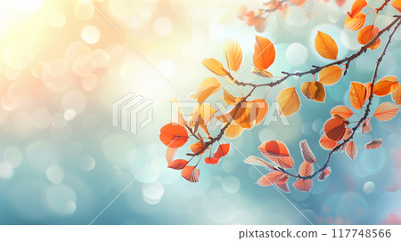 Autumn leafs on light blue background 117748566