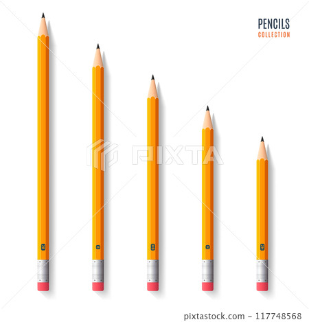 set of realistic sharpened yellow pencils with eraser isolated on white background. stationery for drawing and work. vector illustration set of realistic sharpened yellow pencils with eraser isolated on white background. stationery for drawing and work. vector illustration 117748568