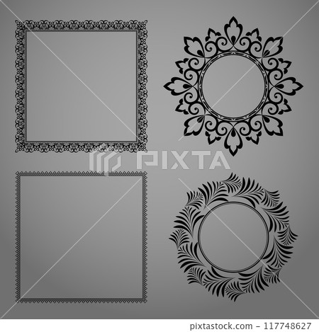 Set of decorative frames Elegant vector element for design in Eastern style, place for text. Floral black and gray borders. Lace illustration for invitations and greeting cards Set of decorative frames Elegant vector element for design in Eastern style, place for text. Floral black and gray borders. Lace illustration for invitations and greeting cards 117748627