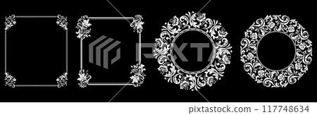 Set of decorative frames Elegant vector element for design in Eastern style, place for text. Floral black and white borders. Lace illustration for invitations and greeting cards. 117748634
