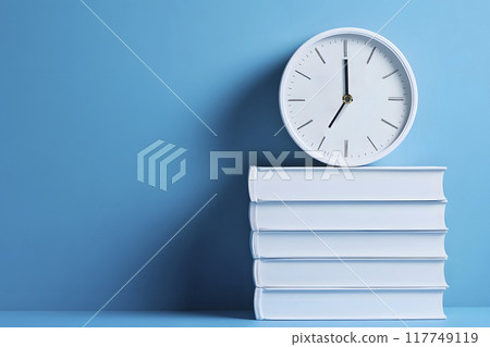 clock on a stack of white books, generative AI 117749119
