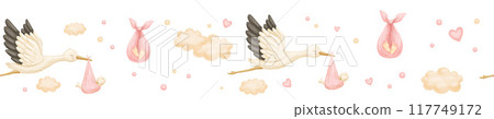Watercolor seamless border with stork and new baby in clouds. Flying bird as symbol of pregnancy. Cute hand drawn illustrations Watercolor seamless border with stork and new baby in clouds. Flying bird as symbol of pregnancy. Cute hand drawn illustrations 117749172