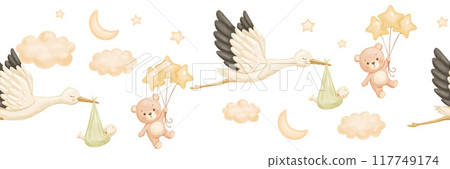 Watercolor seamless border with stork and bear in sky. Flying bird as symbol of pregnancy. Cute hand drawn illustrations 117749174
