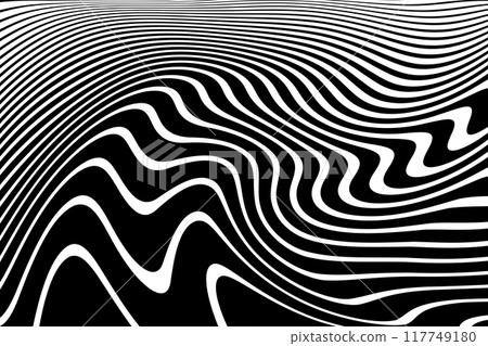 Wavy Lines Op Art Black and White Pattern with 3D Illusion Effect. 117749180