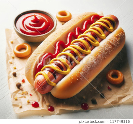 Mustard and ketchup on hot dog on wooden table Mustard and ketchup on hot dog on wooden table 117749316