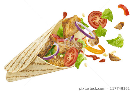 Doner kebab, falling chicken shawarma ingredients isolated on white background, full depth of field Doner kebab, falling chicken shawarma ingredients isolated on white background, full depth of field 117749361